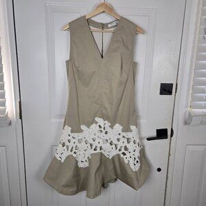 DEREK‎ LAM Collective Khaki Tan Lace V-Neck Dress Size 8 Sleeveless Quiet Luxury